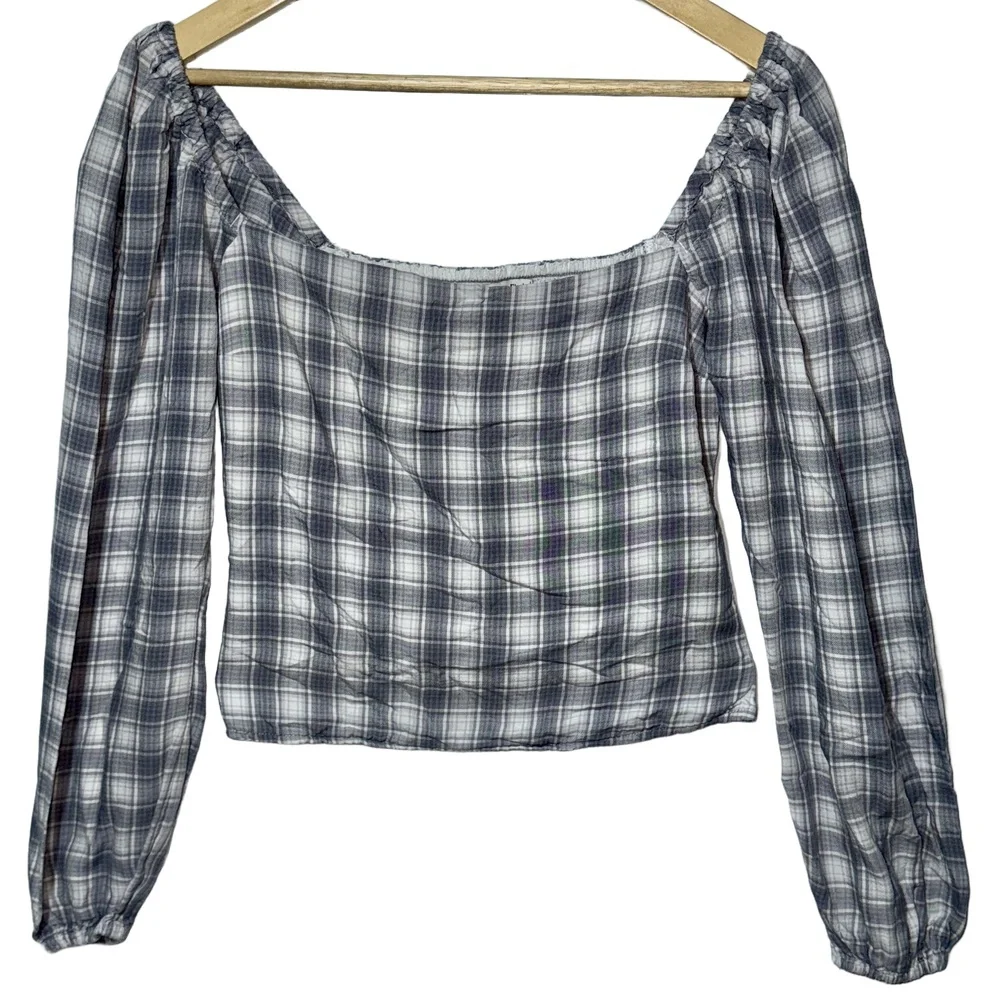 NEW Abercrombie & Fitch White Gray Plaid Smocked Long Puff Sleeve Blouse Size XS